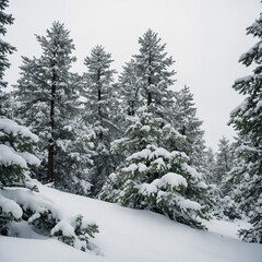 Fototapeta premium Snow-covered pine green trees with soft mounds of snow piled on their branches, shown clearly with a white background.