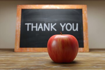 teachers day, back to school, thank you    image with Red apple on wooden table. chalkboard background.