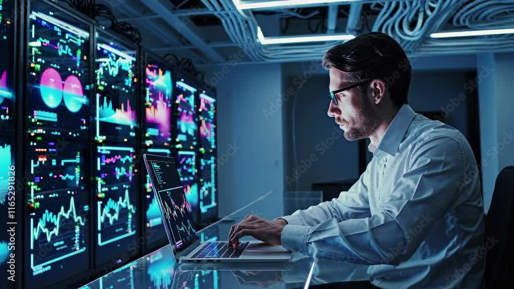 Poster data analysis in a modern tech workspace with vivid visualizations and digital displays