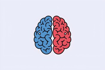 simple graphic illustration of a human brain divided into two. left blue and right red hemispheres on a light background. thinking, logic vs. creativity, and psychology.