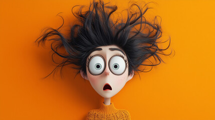 woman who hasn't slept well, looks crazy with very messy hair and super dark circles, in cartoon style, with a orange background