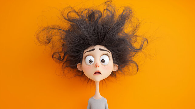 woman who hasn't slept well, looks crazy with very messy hair and super dark circles, in cartoon style, with a orange background