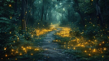 Obraz premium A mystical scene of fireflies illuminating a dark forest, their gentle glow and the surrounding mystery rendered with a magical, lifelike quality