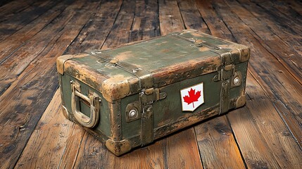 Obraz premium Migration Trends, Vintage Green Travel Trunk with Distressed Finish and Canadian Maple Leaf Patch on Rustic Wooden Floor Background