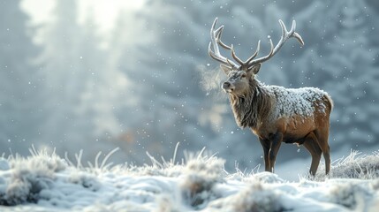 A noble stag standing majestically in a snowy landscape, its breath visible in the cold air, rendered with stunning detail and a sense of immediacy