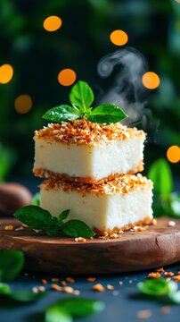 Filipino maja blanca served in square slices, garnished with toasted coconut, Southeast Asian dessert, creamy and satisfying
