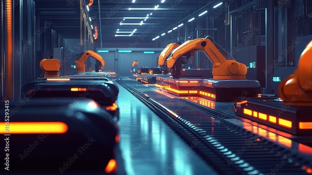 Poster advanced high-tech factory production line with autonomous robots