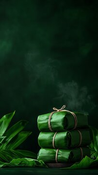 Rustic display of Cambodian nom ansom, bananastuffed sticky rice wrapped in banana leaves, Southeast Asian dessert, festive authenticity