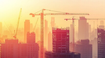Obraz premium Sunset Over Construction Site with Tower Cranes and Urban Skyline