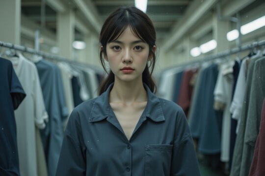 Young Woman Posing Confidently in Modern Clothing Rack Space