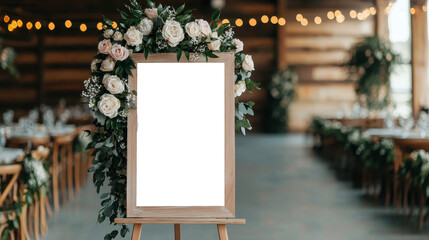 Welcome Blank sign, wedding celebration decoration, luxury venue, floral arrangement, display, romantic concept and copy space
