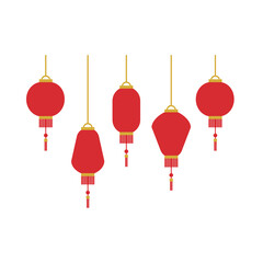 Five red Chinese lanterns hang against a black background.  Gold accents and red tassels adorn each lantern, varying slightly in shape and size.
