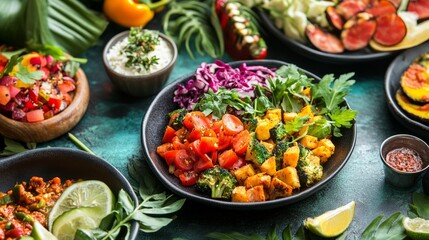 A professional photo shoot of vibrant vegan dishes in a high-end restaurant setting