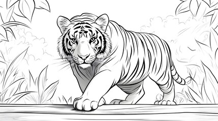 Black and White Line Art of a Majestic Tiger Walking Confidently in a Jungle Scene, Surrounded by Sketches of Leaves and Trees, Showcasing Strength and Natural Elegance