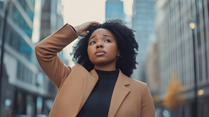 
Senior tourist USA black chubby woman smiling wearing backpack and straw hat in town with copy space