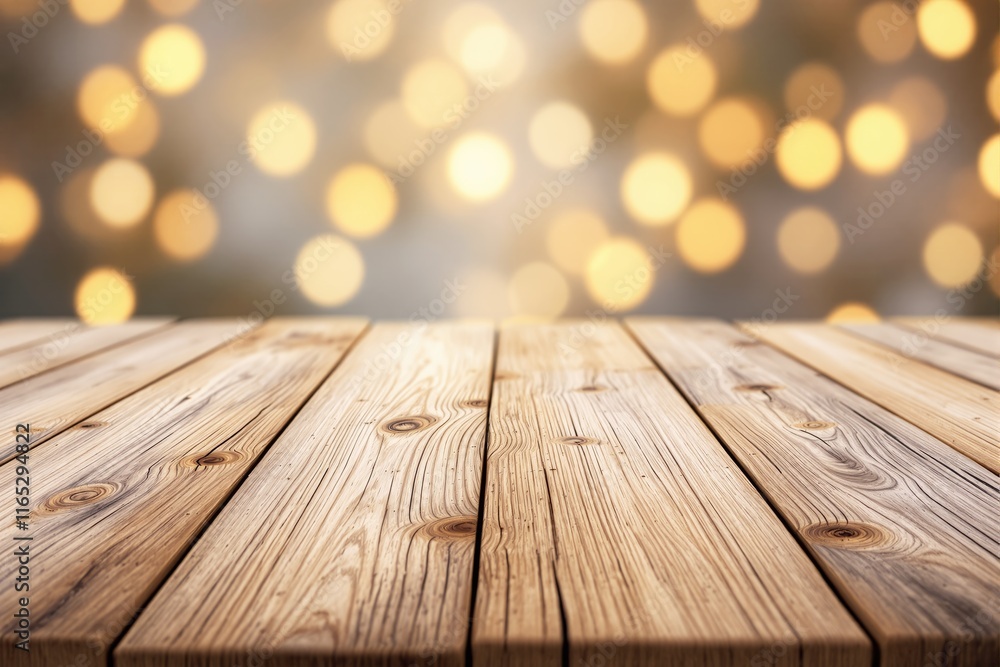 Poster wooden table surface with natural texture on a blurred golden bokeh lights background. perfect for p