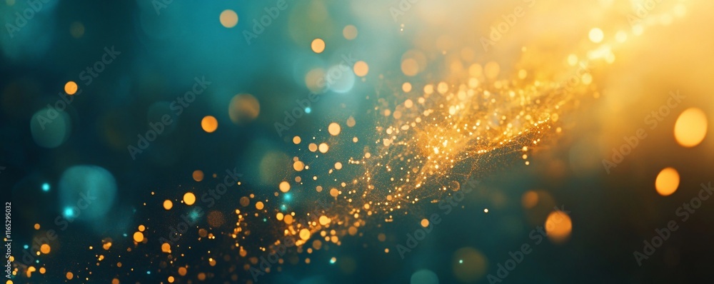 Aufkleber Golden particles flowing on teal background with bokeh effect