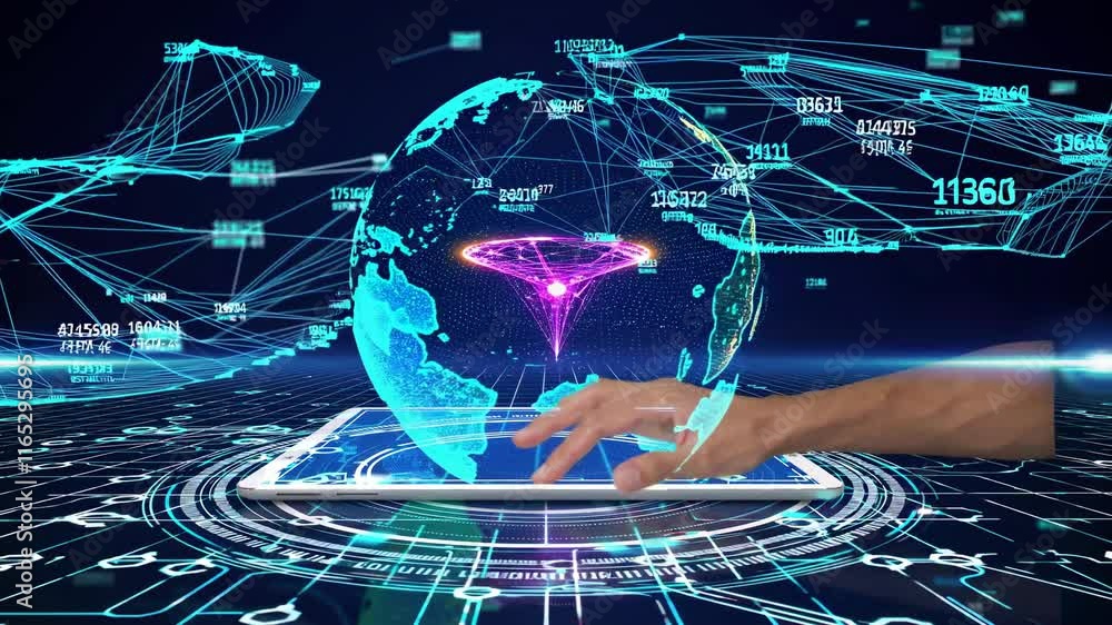 Poster exploring the intersection of technology and geography through digital interface and global mapping