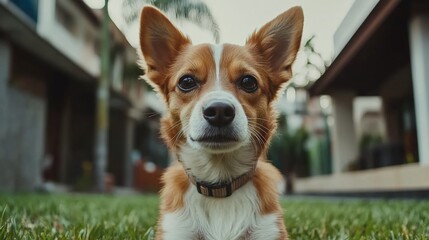 Adorable small dog lying on grass, looking at camera.