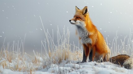 Fototapeta premium A solitary fox hunting in a snowy landscape, its fur and the surrounding whiteness depicted with such detail that it feels immersive.