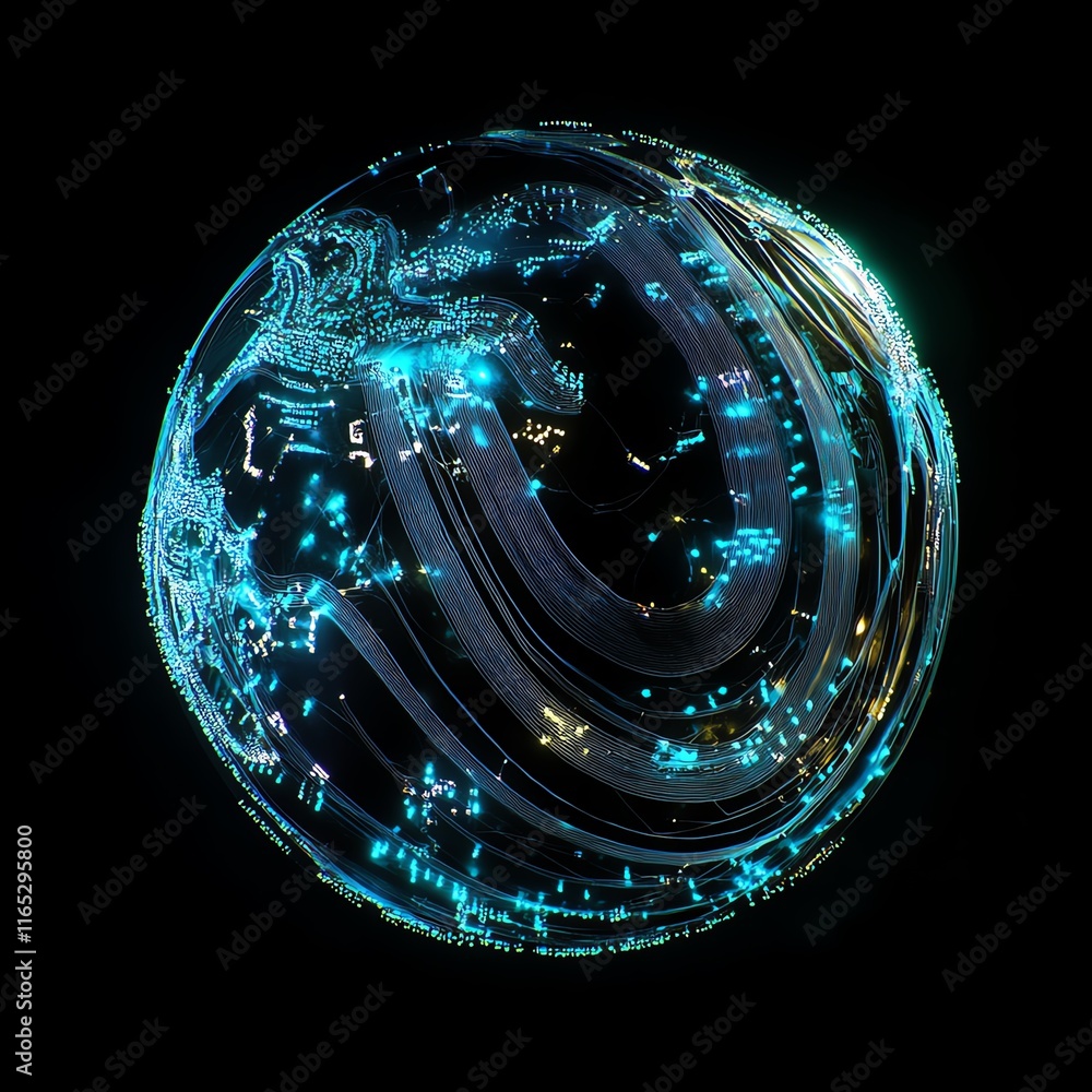 Poster dynamic earth concept with glowing data streams and network nodes, representing the international ex