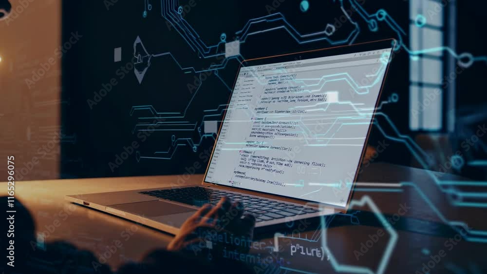 Poster exploring the world of coding and technology through a modern workspace after dark