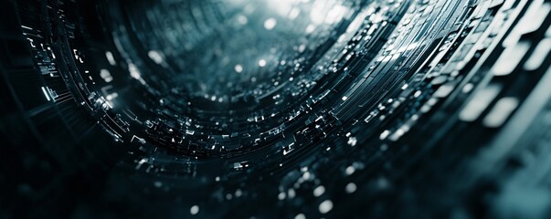 Futuristic metallic tunnel rotating and creating light effects