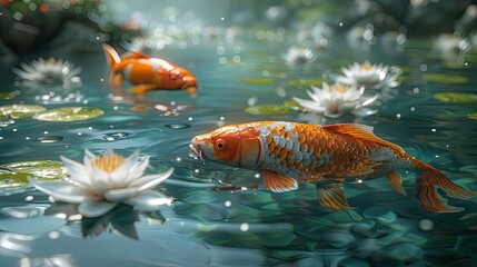 A tranquil koi pond scene, with detailed scales and fins of the koi fish visible, surrounded by serene water lilies and clear water.