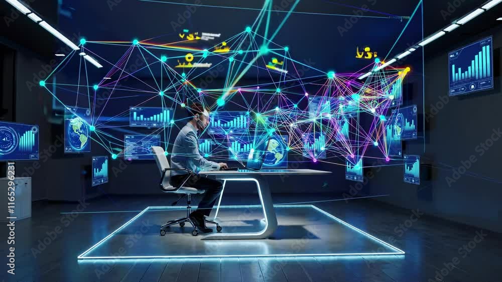 Poster innovative data analysis in a futuristic workspace with holographic displays and advanced technology