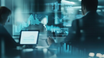 financial planner explaining automated investment strategy with blurred clients and charts in background