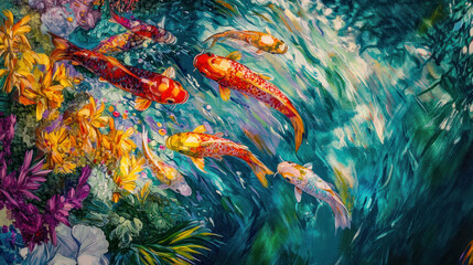 Koi fish swimming in a garden pond seen from above, their vibrant colors creating a mesmerizing pattern against the reflective water