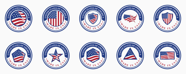 set of vector designs of circle logos of made in USA stamps with various US flag elements
