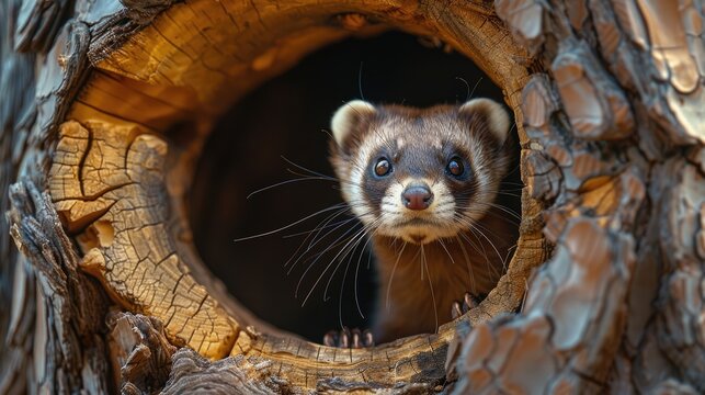 An adventurous scene of a ferret peeking out from a knothole in a tree, with rich details of its fur and curious expression.