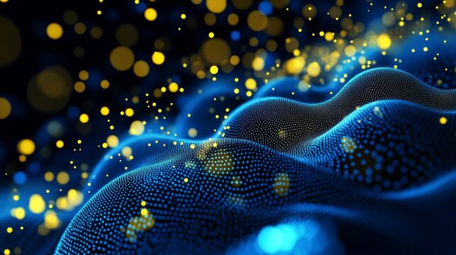 Modern vector illustration of blue blockchain network with bright yellow theme on black background. Suitable for financial technology and online financial services.