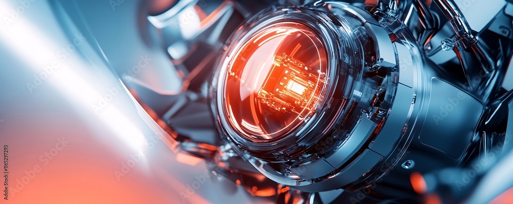 Fototapete futuristic engine core glowing with red light: complex mechanism close-up
