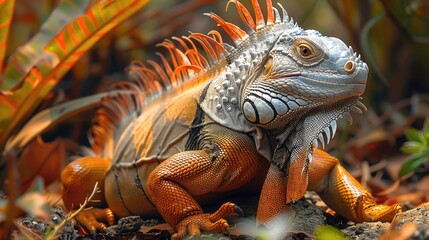 Fototapeta premium An iguana blending into its surroundings, its adaptive colors and the texture of its habitat captured with impressive detail.