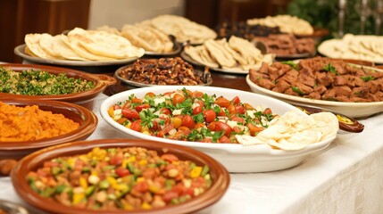 Fototapeta premium Delicious Array of Fresh Middle Eastern Salads and Dishes at a Vibrant Feast