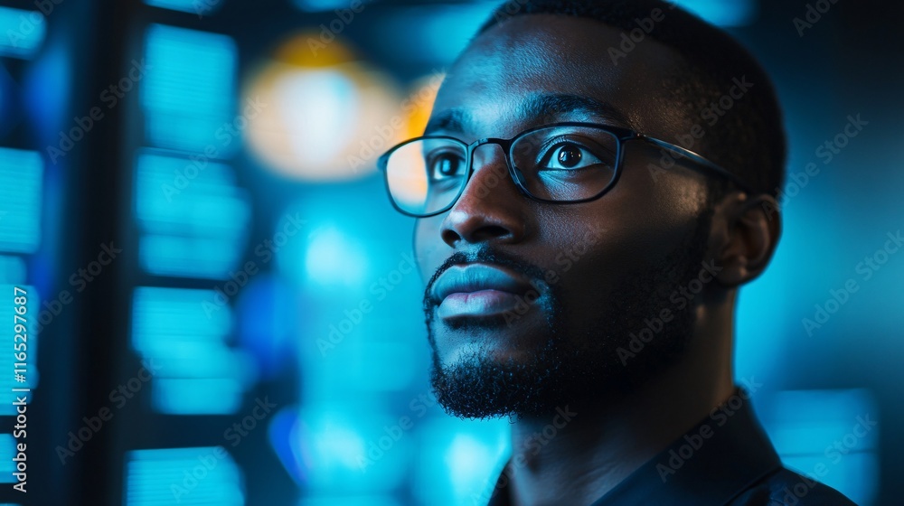 Poster it specialist monitoring network traffic in futuristic control room