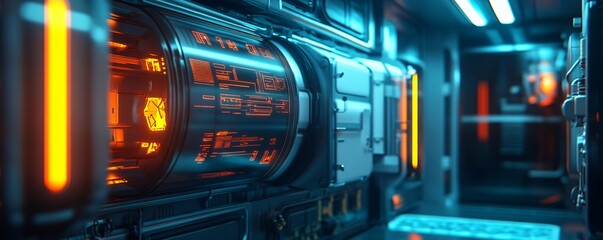 Futuristic server room displaying complex data analysis with orange and blue lights