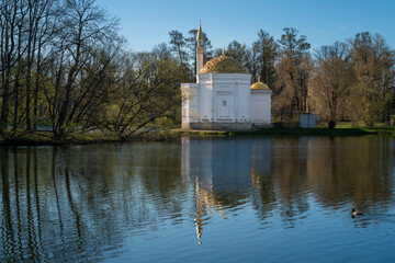 The pavilion of the Turkish Bath on the shore of a Large pond in the Catherine Park in Tsarskoye...