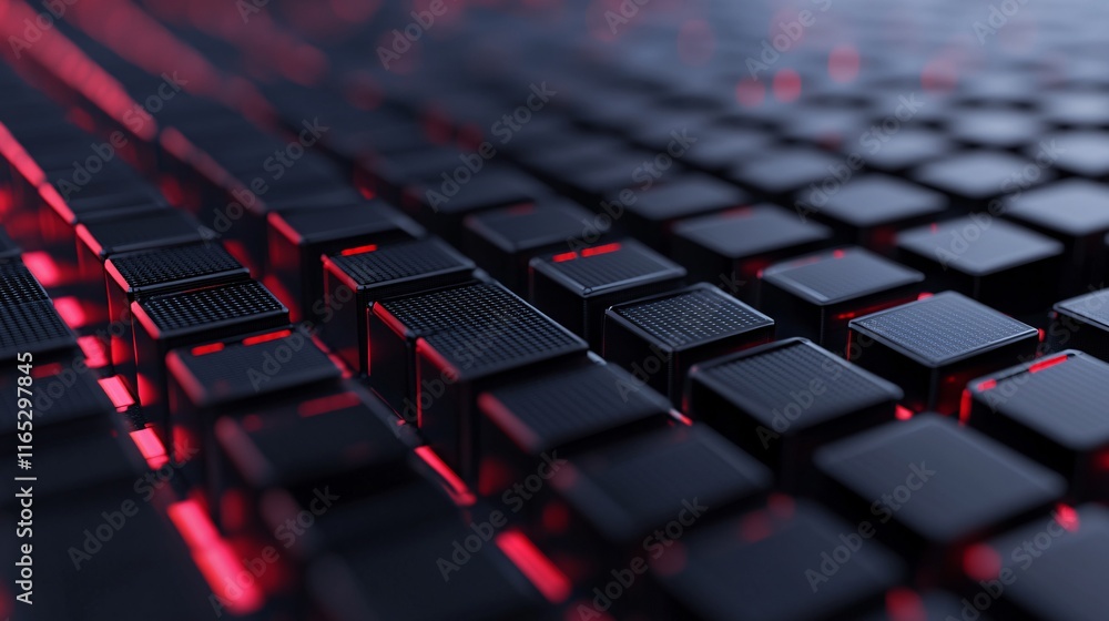 Poster black cubes forming a grid are glowing with red light