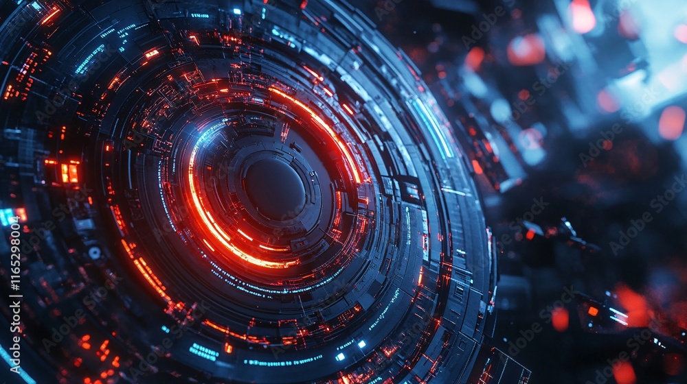 Poster futuristic glowing sci-fi circular portal rotating with red and blue lights
