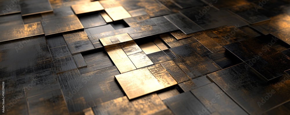 Poster abstract golden and black metallic cubes creating a modern pattern