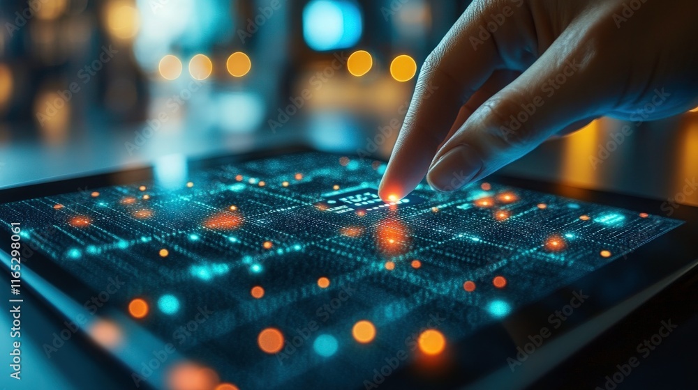 Poster close-up of hand interacting with futuristic digital interface on tablet screen surrounded by glowin