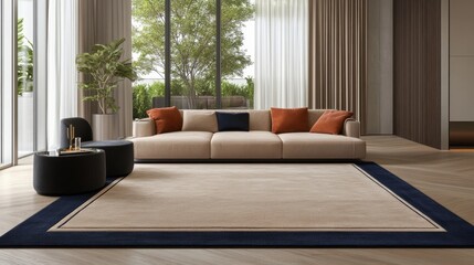 Fototapeta premium Simple yet Modern Beige Rectangle Carpet with Dark Blue Border Perfect for Modern Furniture