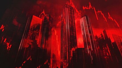 Abstract Representation of Stock Market Decline with Red City Skyline Visualization