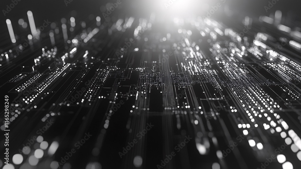 Poster Futuristic motherboard circuit with data flowing representing artificial intelligence and big data analysis