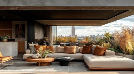Fototapeta premium Modern living room with city view and stylish decor.