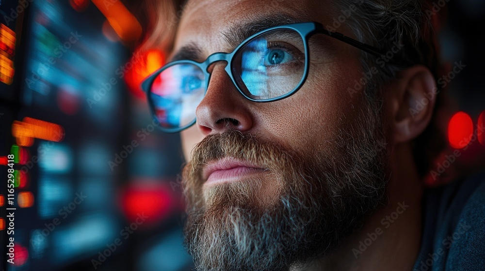 Poster focused businessman in glasses analyzing data on multiple screens with colorful lights reflecting in