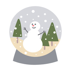Winter snow globe clipart. Christmas glass ball with snowman, forest, trees, falling snowflakes. Crystal ball. Vector illustration in contemporary flat style.